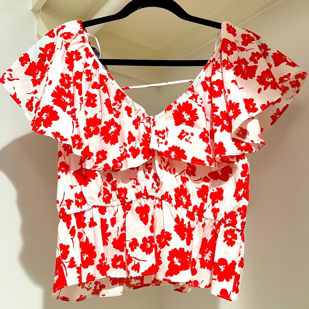 Zara Red and White Floral Blouse